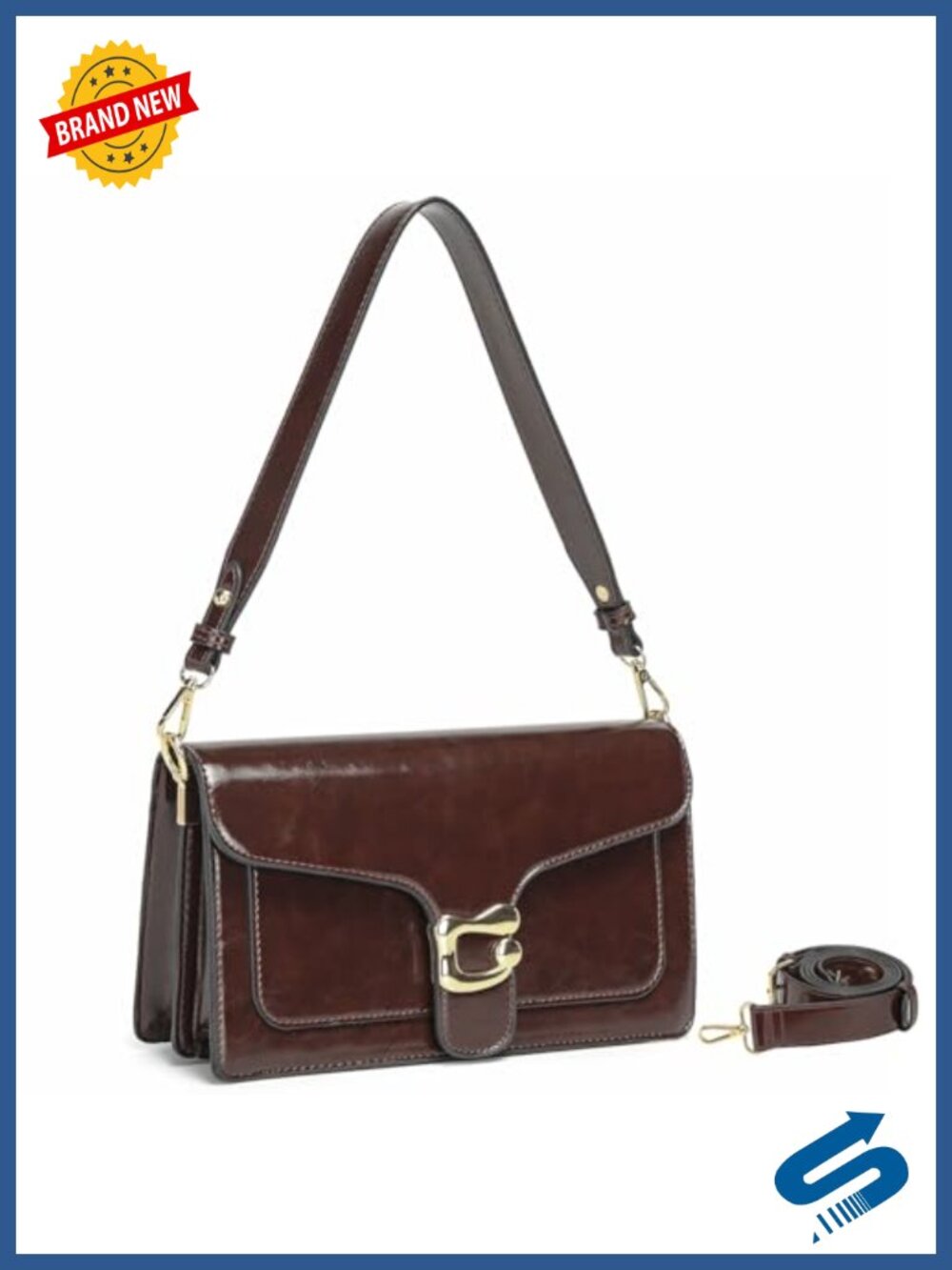 Faux Leather Crossbody Handbag with 2 Straps, Retro Satchel